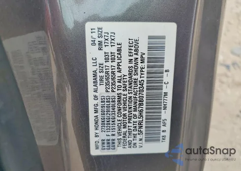 2011 Honda Odyssey Exl z USA, uszkodzony, nr VIN 5FNRL5H67BB070345